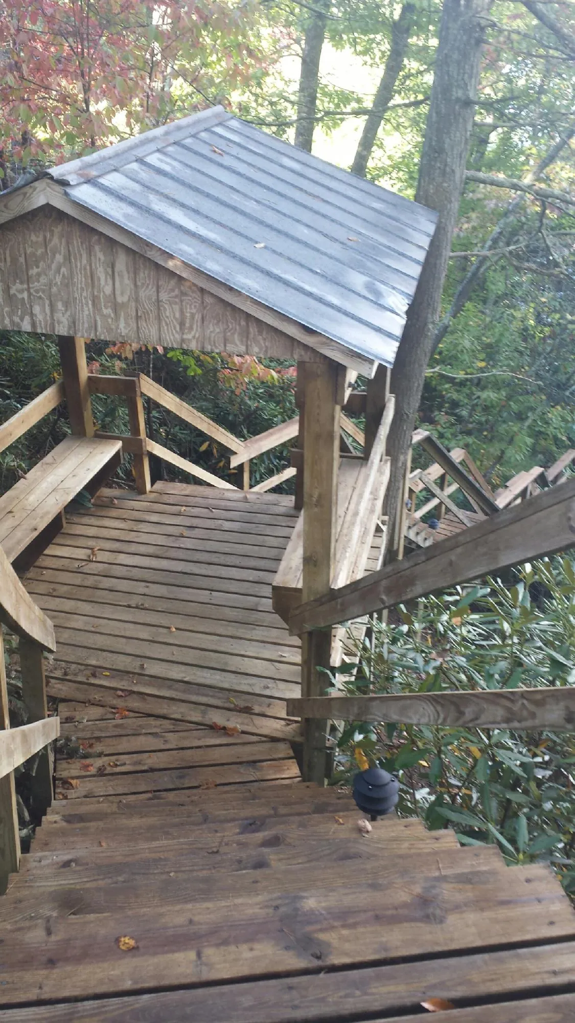 Metal roofed shelter over wooden steps on a wooded walkway — Skylight Repair & Installation work by our crew in Prince George