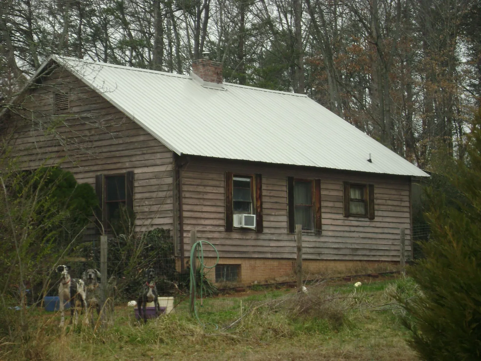 White metal roof on an old wood sided farmhouse, from a Metal Roof Installation job in Prince George